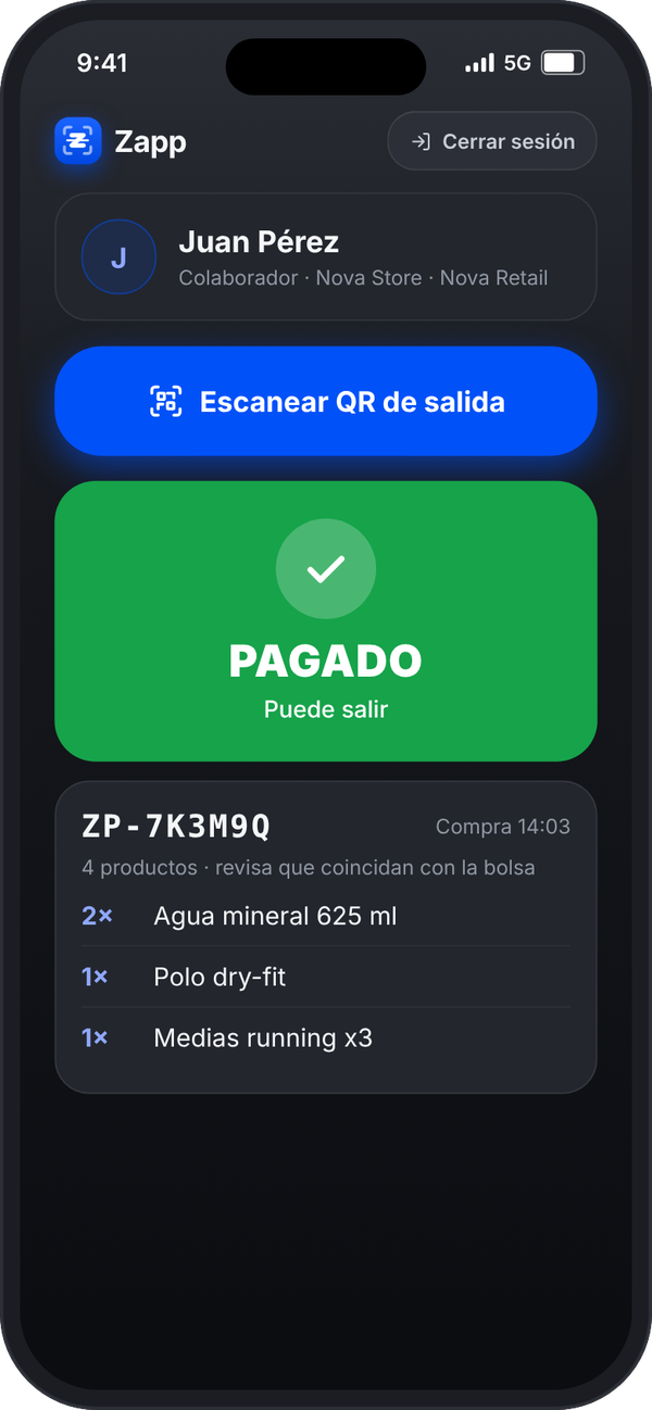 App del colaborador mostrando una compra validada como pagada
