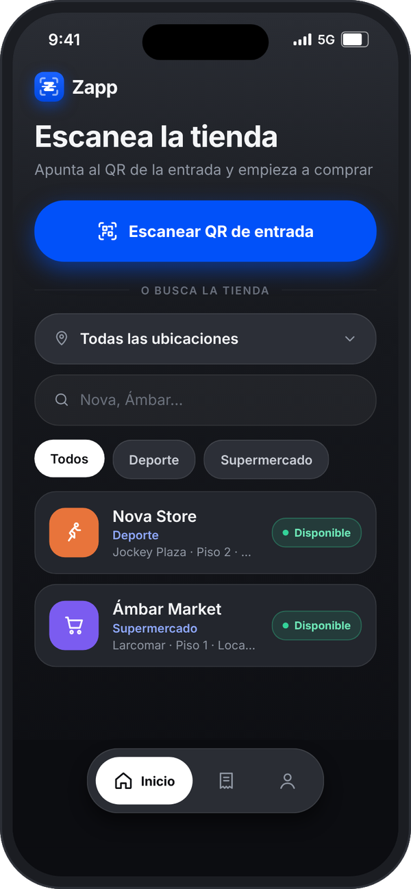 Pantalla de inicio de Zapp para escanear el QR de la tienda